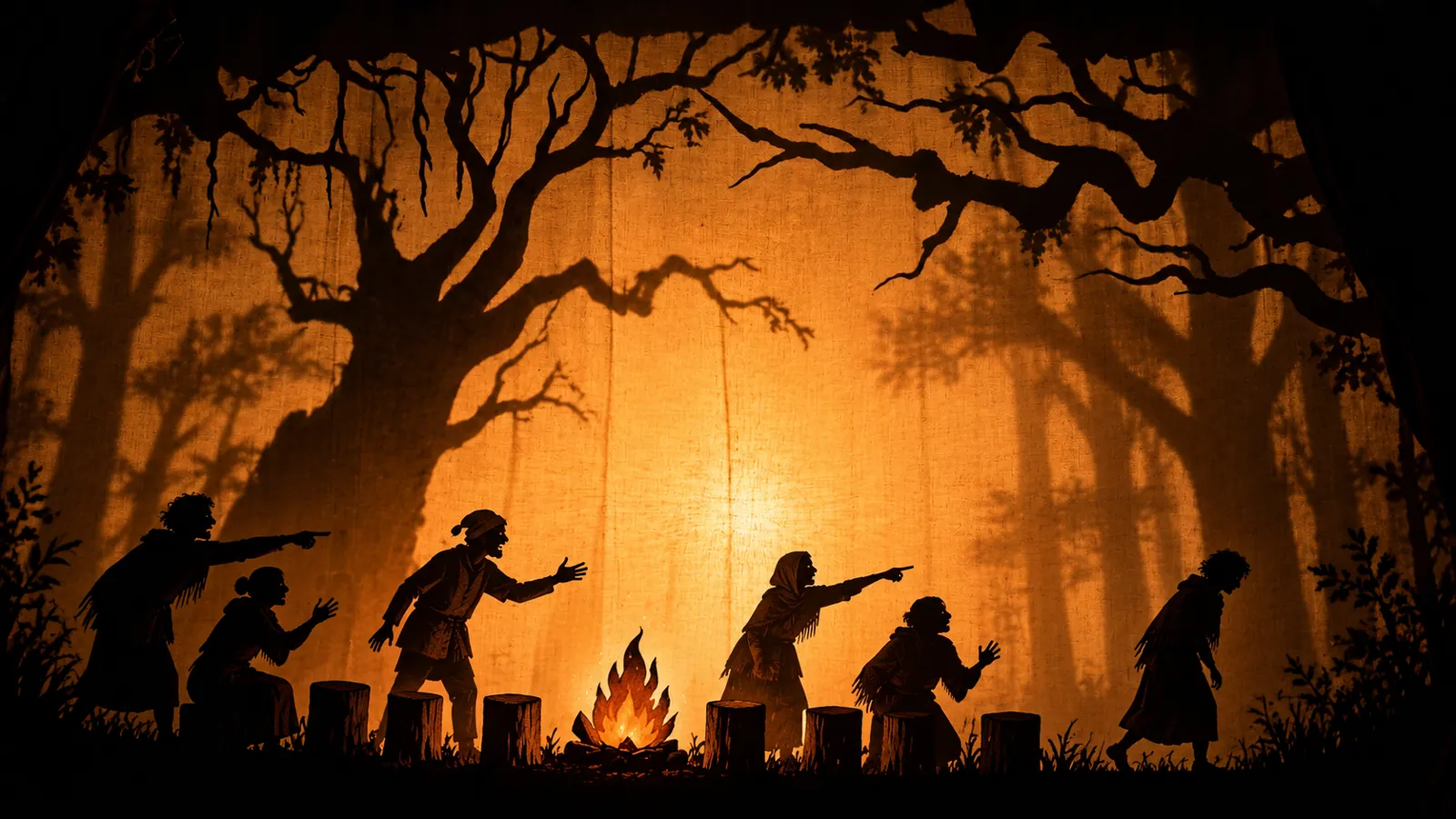 Shadow puppets: villagers point and shout at one another around the fire while one walks away.