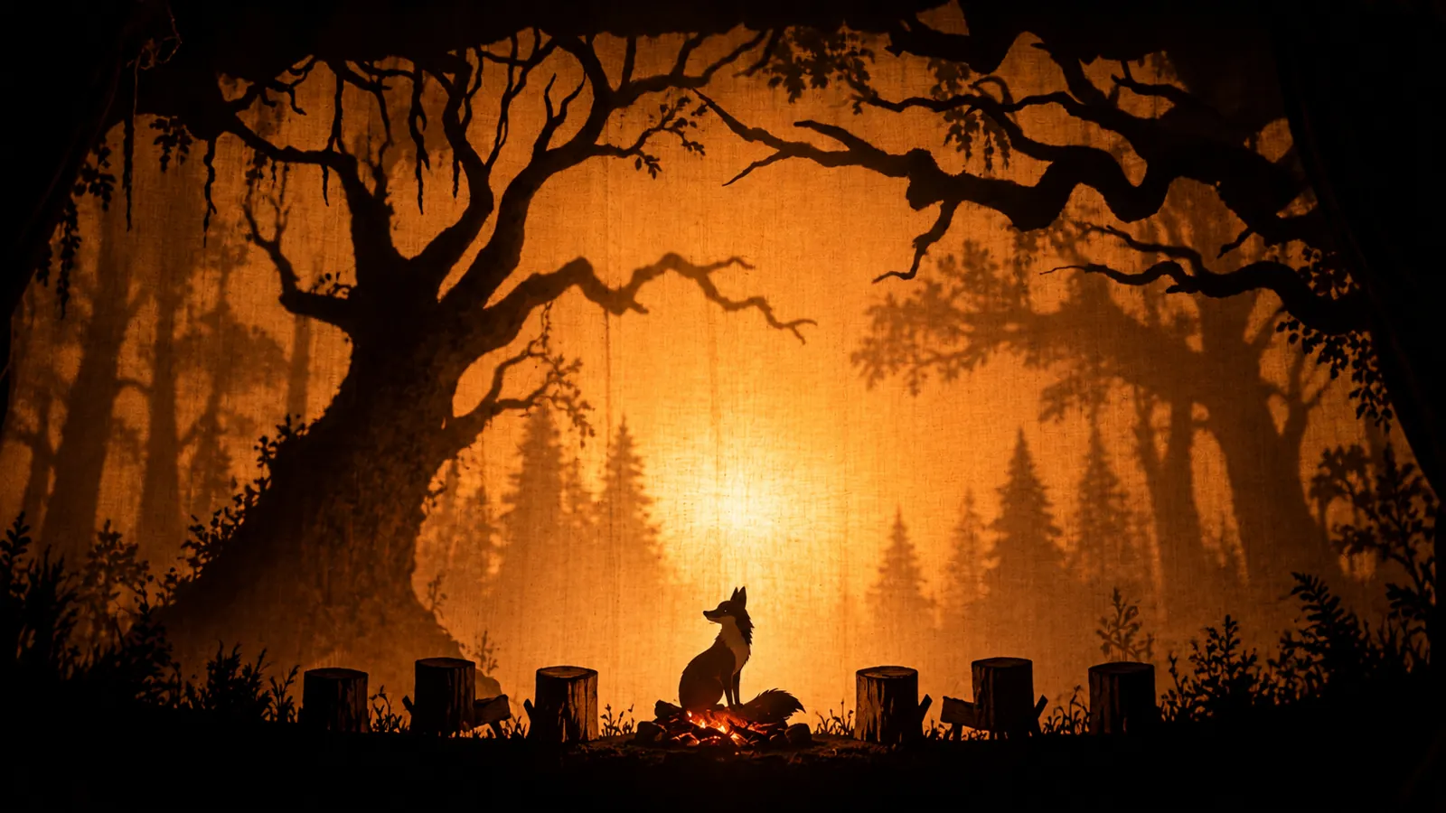 Shadow puppets: a fox sits alone by the embers, surrounded by empty stumps.