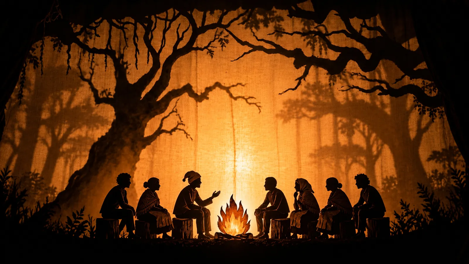 Shadow puppets on a backlit cloth: villagers sit on stumps around a fire under an old oak, one telling a story.