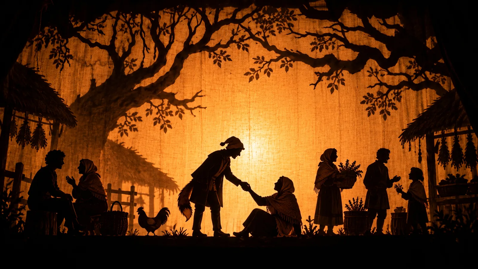 Shadow puppets at a village market: a smiling figure helps a woman to her feet, his tail showing under his coat.