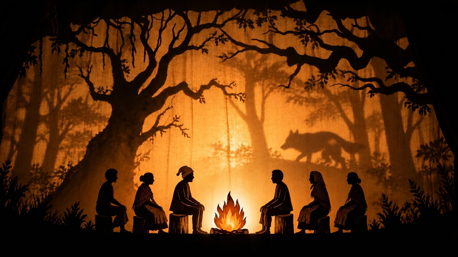 Shadow puppets: villagers sit by the fire while the shadow of a wolf prowls the cloth behind them.