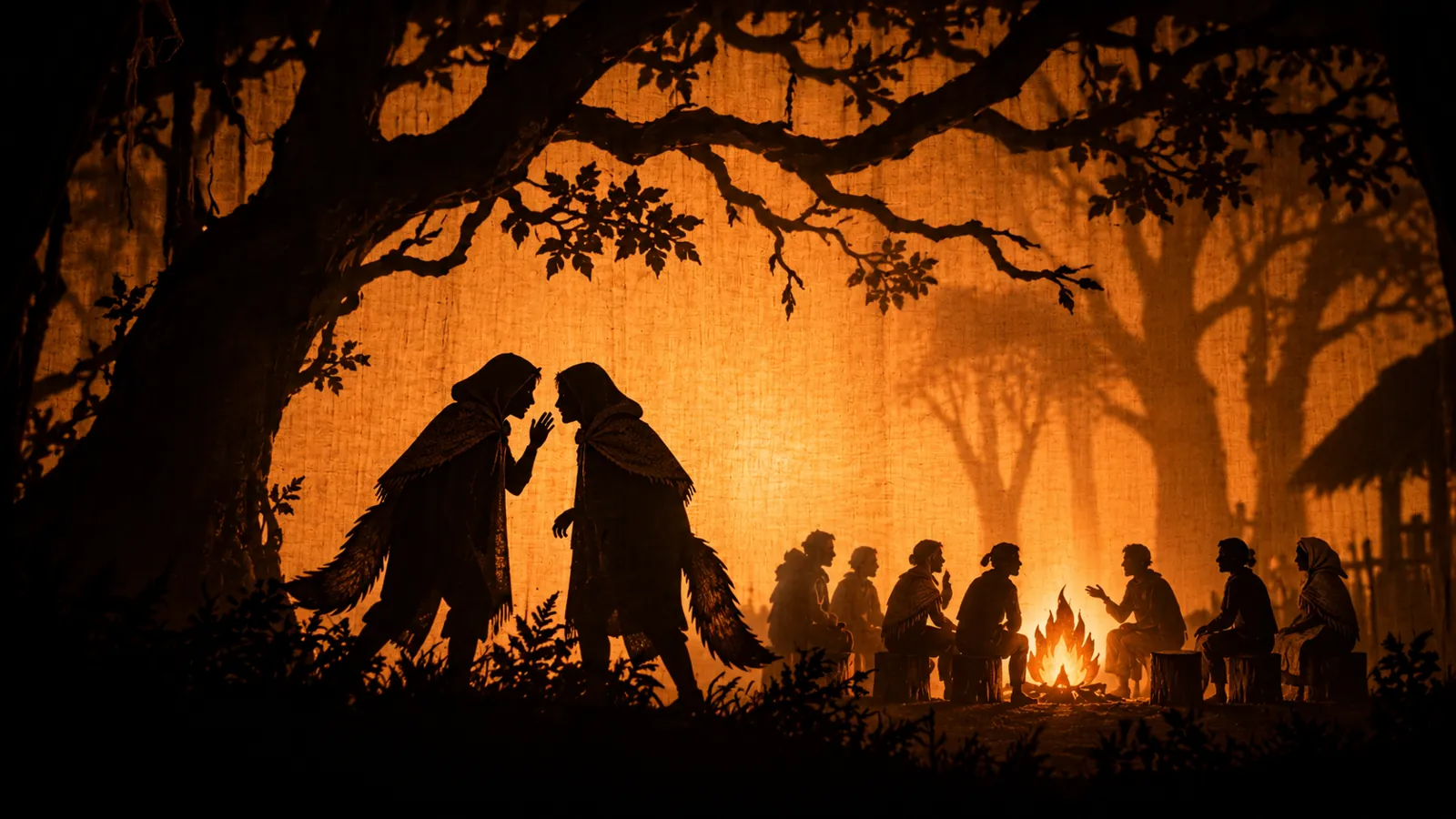 Shadow puppets: two cloaked figures with tails whisper under a tree, away from the people at the fire.